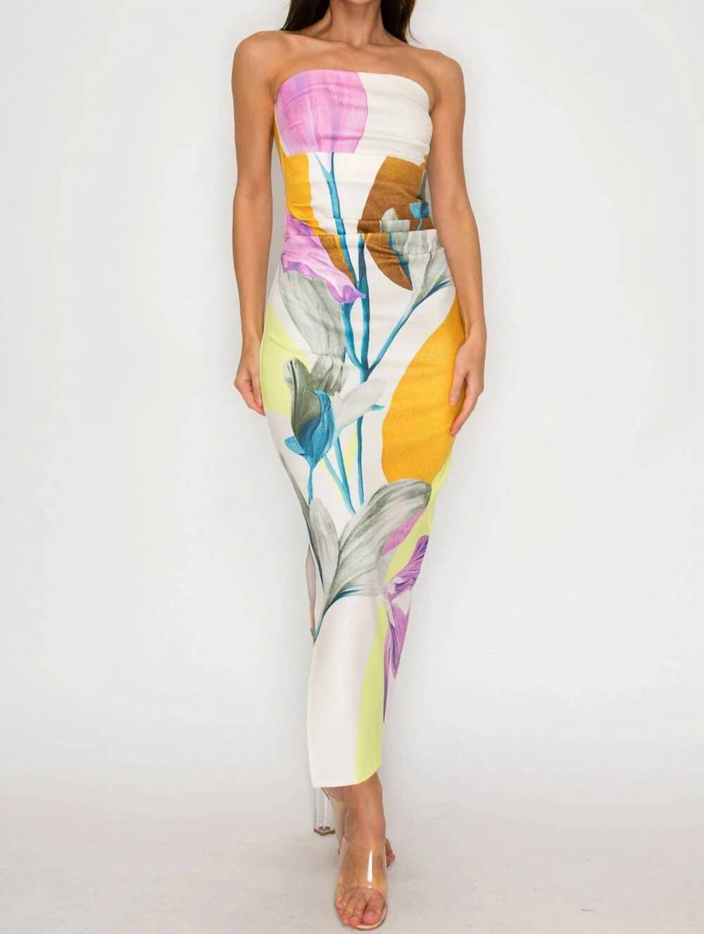 NEW HER BOTTARI floral print strapless dress in cream multi